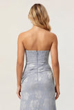 Dusty Blue Print Strapless Sheath Ruched Midi Dress with Slit