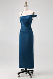 Ink Blue Sheath One Shoulder Satin Long Bridesmaid Dress