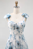 Blue Flower Printed A Line Long Bridesmaid Dress with Lace-up Back