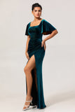 Peacock Green Velvet Sheath Short Sleeves Bridesmaid Dress