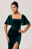 Peacock Green Velvet Sheath Short Sleeves Bridesmaid Dress