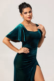 Peacock Green Velvet Sheath Short Sleeves Bridesmaid Dress