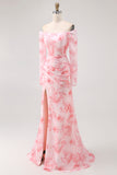 Pink Flower Mermaid Off The Shoulder Long Sleeve Bridesmaid Dress with Slit
