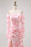 Pink Flower Mermaid Off The Shoulder Long Sleeve Bridesmaid Dress with Slit