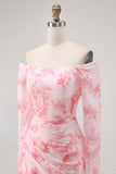 Pink Flower Mermaid Off The Shoulder Long Sleeve Bridesmaid Dress with Slit