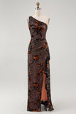 One Shoulder Black Floral Sheath Bridesmaid Dress