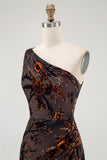 One Shoulder Black Floral Sheath Bridesmaid Dress