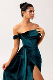 Off The Shoulder Peacock Green Velvet Sheath Bridesmaid Dress with Sash