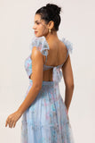 Blue A Line Cut Out Floral Long Bridesmaid Dress