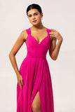 Fuchsia A Line Convertible Chiffon Long Bridesmaid Dress with Slit