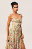 Yellow Floral A Line Beaded Long Bridesmaid Dress with Slit