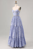 Blue Flower A-Line Beaded Wedding Guest Dress with Slit