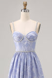 Blue Flower A-Line Beaded Wedding Guest Dress with Slit