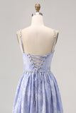 Blue Flower A-Line Beaded Wedding Guest Dress with Slit