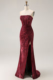 Burgundy Strapless Corset Burnout Velvet Bridesmaid Dress with Slit