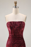 Burgundy Strapless Corset Burnout Velvet Bridesmaid Dress with Slit