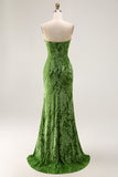 Strapless Peacock Green Corset Burnout Velvet Bridesmaid Dress with Slit