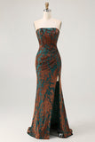 Strapless Peacock Green Corset Burnout Velvet Bridesmaid Dress with Slit
