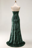 Strapless Peacock Green Corset Burnout Velvet Bridesmaid Dress with Slit