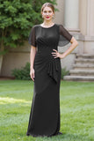 Sheath Navy Chiffon Round Neck Ruched Long Choir Dress with Sash