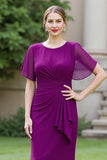Sheath Navy Chiffon Round Neck Ruched Long Choir Dress with Sash