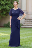 Sheath Navy Chiffon Round Neck Ruched Long Choir Dress with Sash