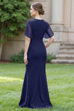 Sheath Navy Chiffon Round Neck Ruched Long Choir Dress with Sash