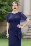 Sheath Navy Chiffon Round Neck Ruched Long Choir Dress with Sash