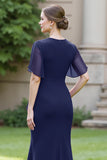Sheath Navy Chiffon Round Neck Ruched Long Choir Dress with Sash