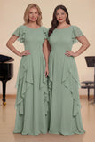 Burgundy A Line Ruffled Long Chiffon Choir Dress with Flutter Sleeves