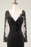 Black Mermaid V-Neck Long Mother of the Bride Dress with Lace Appliques