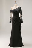 Black Sheath Long Sleeves Ruched Plus Size Mother of the Bride Dress