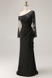 Black Sheath Asymmetrical Long Mother of the Bride Dress with Lace Appliques