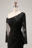 Black Sheath Asymmetrical Long Mother of the Bride Dress with Lace Appliques