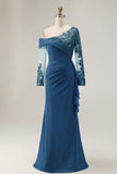 Black Sheath Asymmetrical Long Mother of the Bride Dress with Lace Appliques