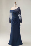Black Sheath Long Sleeves Ruched Plus Size Mother of the Bride Dress