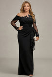 Black Sheath Long Sleeves Ruched Plus Size Mother of the Bride Dress