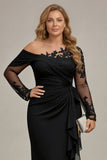 Black Sheath Long Sleeves Ruched Plus Size Mother of the Bride Dress