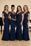 Navy Mermaid V-Neck Sequin Long Choir Dress with Sash