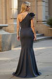One Shoulder Black Satin Mermaid Ruched Long Choir Dress with 3D Flowers