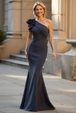 One Shoulder Black Satin Mermaid Ruched Long Choir Dress with 3D Flowers