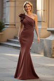One Shoulder Black Satin Mermaid Ruched Long Choir Dress with 3D Flowers