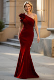 One Shoulder Black Satin Mermaid Ruched Long Choir Dress with 3D Flowers