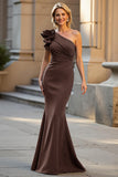 One Shoulder Black Satin Mermaid Ruched Long Choir Dress with 3D Flowers