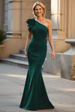 One Shoulder Black Satin Mermaid Ruched Long Choir Dress with 3D Flowers