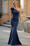 One Shoulder Black Satin Mermaid Ruched Long Choir Dress with 3D Flowers