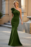 One Shoulder Black Satin Mermaid Ruched Long Choir Dress with 3D Flowers