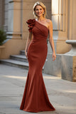 One Shoulder Black Satin Mermaid Ruched Long Choir Dress with 3D Flowers
