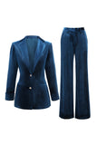 2-Piece Peacock Blue Velvet Notched Lapel Women's Suits