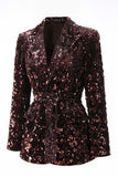 Coffee 2 Piece Peak Lapel Sequin Women's Prom Suit with Belt